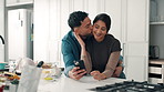Couple, kiss and smartphone in kitchen, cooking and hug with bonding, search or recipe in home. Happy man, woman and embrace with phone, mobile app or ingredients for diet with love at apartment