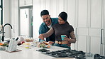 Couple, smile and cooking in kitchen with help, bonding or hug with food for diet at apartment. Man, woman and embrace with seasoning, ingredients and happy with nutrition in relationship at home