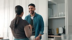 Laughing, bonding and couple in kitchen in home for weekend morning together with connection. Happy, love and man with woman for funny conversation, comedy or marriage in apartment for break.