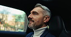 Mature man, passenger and transportation with window for travel, commute or private chauffeur. Male person, tourist or relax in backseat for destination, road trip or journey in city street or town