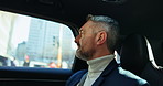 Mature man, tourist and transportation with window for travel, commute or private chauffeur. Male person, passenger or relax in backseat for destination, road trip or journey in city street or town
