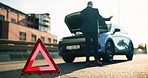 Road sign, car breakdown and man with phone call in street for battery fail, engine problem or stress. Warning triangle, business person or talking to mechanic for roadside assistance, advice or back