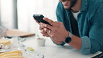 Happy man, hands and kitchen with phone for recipe, research or online food vlog in home. Closeup, male person or browsing with smile on mobile smartphone for cooking tutorial, app or meal prep