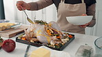 Woman, hands and meal prep with sauce for chicken seasoning or thanksgiving preparation in kitchen. Female person, food and flavor for home catering service, hospitality or cooking recipe in house