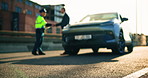Traffic stop, fraud and driver in city, travel and journey with public safety, authority and road block. People, law enforcement and transportation with corruption, violation and illegal exchange