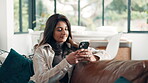 Thinking, woman and texting with smartphone, home or communication with contact on social media app. Smile, person or chat with mobile in living room, reflection or typing message on website in house