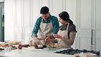 Cooking, home and couple in kitchen with turkey for meal prep, dinner and festive lunch. Thanksgiving, talking and man with woman with ingredients, recipe and food for nutrition, dish and celebration