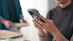 Hands, phone and woman typing in home for food blog, recipe or cooking tutorial with couple. Mobile, person and online communication with app for meal prep guide, internet search or text in kitchen