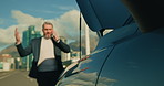 Breakdown, car and phone call with businessman in city to contact roadside assistance for help. Bonnet, emergency service and engine with corporate employee outdoor for vehicle trouble on commute