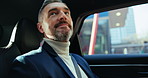 Mature man, tourist and car with window for travel, commute or private chauffeur in city street. Male person, passenger or waiting in backseat for destination, traffic jam or road stop in urban town