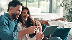 Home, tablet and couple on sofa, funny and bonding together with social media, meme and relax. Laughing, man and woman on couch, tech or online humor with comedy, happiness or relationship with smile