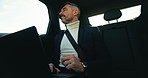 Business, man and thinking with laptop in car for research, reading email and schedule update. Mature person, travel and vehicle with pc for company news, agenda and information for proposal feedback