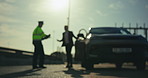 Police officer, man and angry for car stop in road with argument, speeding and highway offence. Public safety, traffic cop and vehicle driver with conflict for expired registration, warning and crime