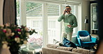 Mature man, phone call and tablet at house for discussion, schedule update and finance report. Person, remote work and talk with digital for feedback, investment negotiation and proposal opportunity