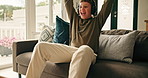 Boy, child and celebration on sofa with video game controller, winner and online contest at home. Kid, gamer and excited for next level with challenge, chat and esports goals on couch in living room