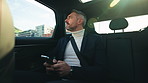 Thinking, mature man and phone in car for communication, social media and check location. Male person, mobile and passenger in vehicle of schedule update, chat notification and travel journey in city