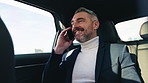 Businessman, private chauffeur and talking with phone call in car for business trip or commute. Mature man, travel and laughing in passenger vehicle with mobile smartphone for conversation in city