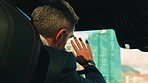 Commute, driving and wave with businessman in car for transportation to job or work location. Greeting, road and travel with mature corporate employee in vehicle for morning journey to destination