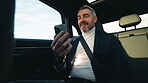 Business, man and video call with phone in car for online chat, virtual meeting and feedback. Mature person, mobile and passenger in vehicle for discussion, webinar and listen to proposal on journey