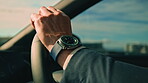 Hands, driving and commuting to work, car or closeup of corporate employee, steering wheel and trip. Morning, driver and person in vehicle, automobile and traveller in transport, journey or travel