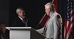 Men, handshake and politician at election event for respect, political agreement and alliance. People, shaking hands and deal for diplomacy, international negotiation and government with partnership