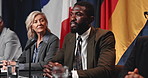 Press conference speech, politics and man with delegation, group or international government panel. Summit, people and politician talk at event for diplomacy discussion, global forum or policy update