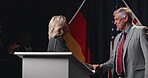 People, handshake and meeting with election speech for respect, politics agreement and alliance. Candidates, shaking hands and diplomacy deal, international negotiation and government for partnership
