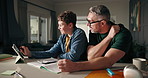 Calculator, distance learning or tablet with father and son in kitchen for homeschooling or lesson. App, mathematics or study with single parent man and boy student in apartment for child development