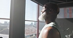 Thinking, fitness and window with black man in gym for reflection, workout and vision. Mindfulness, perspective and memory with person in sports club for health, wellness and training mindset
