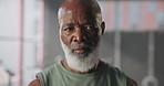 Mature, black man or serious face with confidence in gym for workout, exercise or fitness. Portrait, male person or personal trainer with determination for wellness, physical training or health club