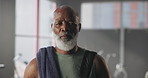 Mature, black man or face with gym bag for workout, exercise or physical training in fitness center. Portrait, active or male person with towel or equipment for done or completion in health club