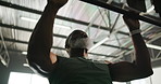 Gym, man and wellness with pull up bar, exercise or training for fitness, morning routine or active. Healthy, mature bodybuilder and black person with equipment for workout, body strength and muscle