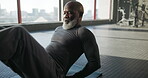 Bicycle crunch, health and workout with black man in gym for fitness, core exercise and bodybuilder. Abs muscle, training and wellness with senior person in sports club for strength and performance