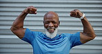 Face, flexing arms and old man in city, fitness and strong with smile, wellness and proud. Portrait, outdoor and. African person with workout, bodybuilder and strength training with power and results