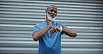 Checking, pulse and man with smart watch, outdoor and monitor heart rate after exercise and fitness. Serious, mature athlete and black person with tech for tracking progress, wellness and health