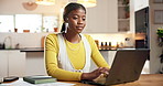 Research, laptop and black woman in home for online university assignment, exam or project. Reading, technology and African female student with computer for studying for college test in house.