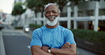 Arms crossed, runner and face of black man in city for cardio, workout and fitness challenge. Exercise, marathon training and sports performance with mature person outdoor for health and athlete