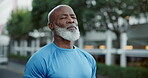 Outdoor, breathing and man with mindfulness, fresh air or self awareness on urban street or fitness. City, mature athlete and black person with morning routine for wellness, stress relief and healthy