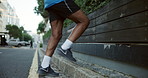 Step ups, athlete and fitness for legs, city and training for wellness and strengthening quadriceps. Outdoor, exercise and person with morning routine, hamstrings and improve balance of healthy body