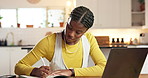 Elearning, laptop and woman with writing in home for exam study, test notes and distance education. Student, online course and black person with book for thesis research and assessment preparation