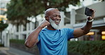 Mature, black man and fitness with selfie in city for workout achievement or success. Happy, male person or smile with photography or flex for picture, capture moment or memory in an urban town