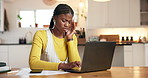 Black woman, headache and stress with laptop in home for debt, financial crisis or pressure. Frustrated, female person or strain with migraine on computer for bankruptcy, mistake or mental health