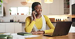 Budget, laptop and phone call with black woman in kitchen of home for accounting or remote work. Communication, computer and finance with freelance employee in apartment for banking or investment