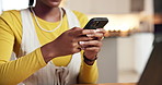 Mobile, hands and woman typing in home for online communication, social media or check post. Phone, person and text message for chat with app, digital notification and response on internet on weekend
