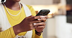 Phone, hands and woman typing in home for online communication, social media or check post. Mobile, person and text message for chat with app, digital notification and response on internet on weekend