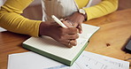 Hands, finance and woman with notebook in home for budget planning, taxes review and insurance. Above, laptop and person with documents for financial report, online banking and savings account