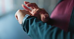 Fitness, watch and hands of woman in gym with tech for tracking heart rate, performance and activity. Wristwatch, sports and person for workout progress, exercise and training for digital wellness