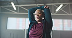 Stretching, fitness and woman in gym, wellness and muscle warm up with training, exercise and workout. Person, energy and runner in health facility, progress goals and stress relief with balance