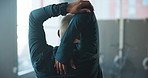 Stretching, arms and back of woman in gym for exercise, workout and training for wellness. Sports center, health club and person with warm up for fitness, muscle strength or mobility for performance