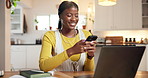 Remote work from home, smartphone and black woman with laptop, smile and social media. African person, copywriting and happy freelancer with pc, cellphone and message to contact, email and texting